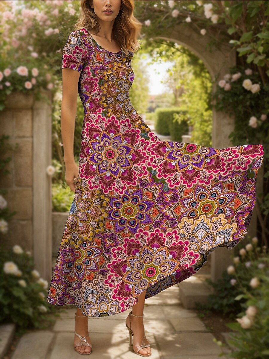 Femmes Robe maxi Robe Décontractée Robe trapèze Robe d'été Vacances ancien Ethnique Coupe régulière Graphique Géométrique Motif cachemire damassé bohème Manche Courte Col carré Rouge Bleu Ét de 2025 ? $30.99 –P1