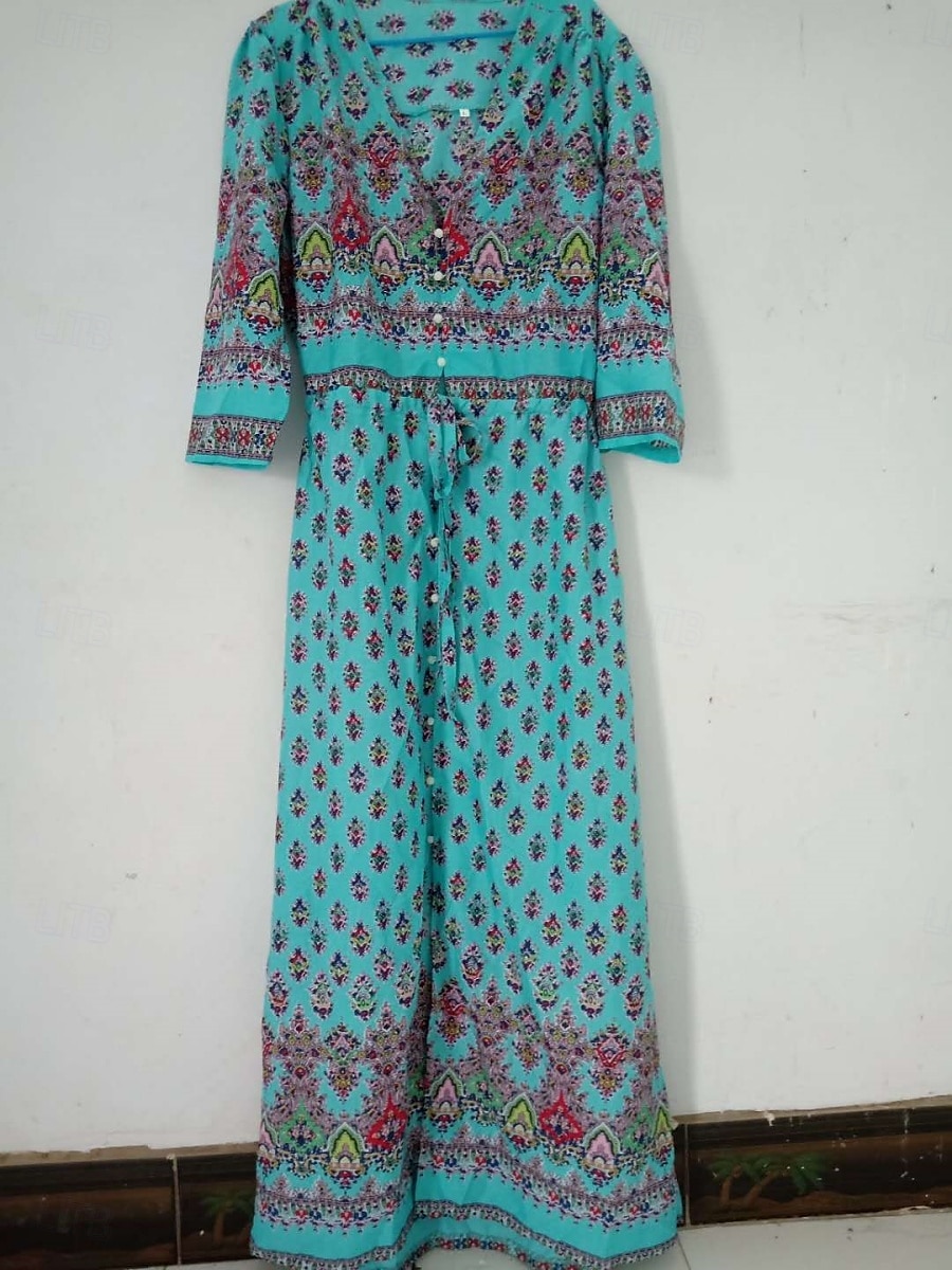 Women's Maxi Dress A Line Dress Casual Party Beach Regular Fit Graphic 3/4 Length Sleeve V Neck Pink Blue Green Summer Spring 2025 - $24.99 –P3