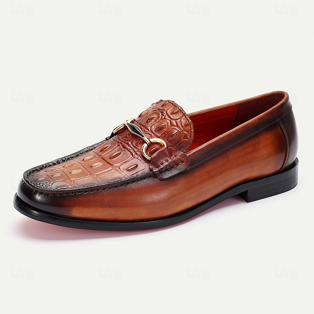 Herren-Loafer aus braunem Leder mit Krokodilmuster und goldenen Details – Kentucky-Derby-Schuhe für formelle und halbformelle Anlässe 2025 - $94.99 –P1