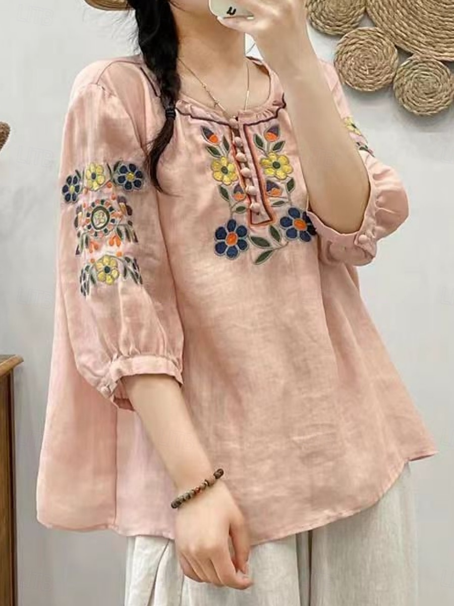 Femmes Chemise Fleuri Élégant Occasionnel Manche 3/4 Col ras du cou Hauts Réguliers Quotidien Broderie Vert Claire Rose Claire Fuchsia Abricot Bleu clair Été Printemps de 2025 ? $19.99 –P15