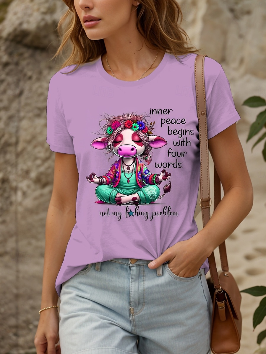 Pentru femei Tricou Grafic Vacă Scrisă Casual La modă Manșon scurt Stil Nautic Rotund Topuri obișnuite Zilnic Imprimeu Roz Îmbujorat Mov Trifoi Vară 2025 - $19.99 –P1