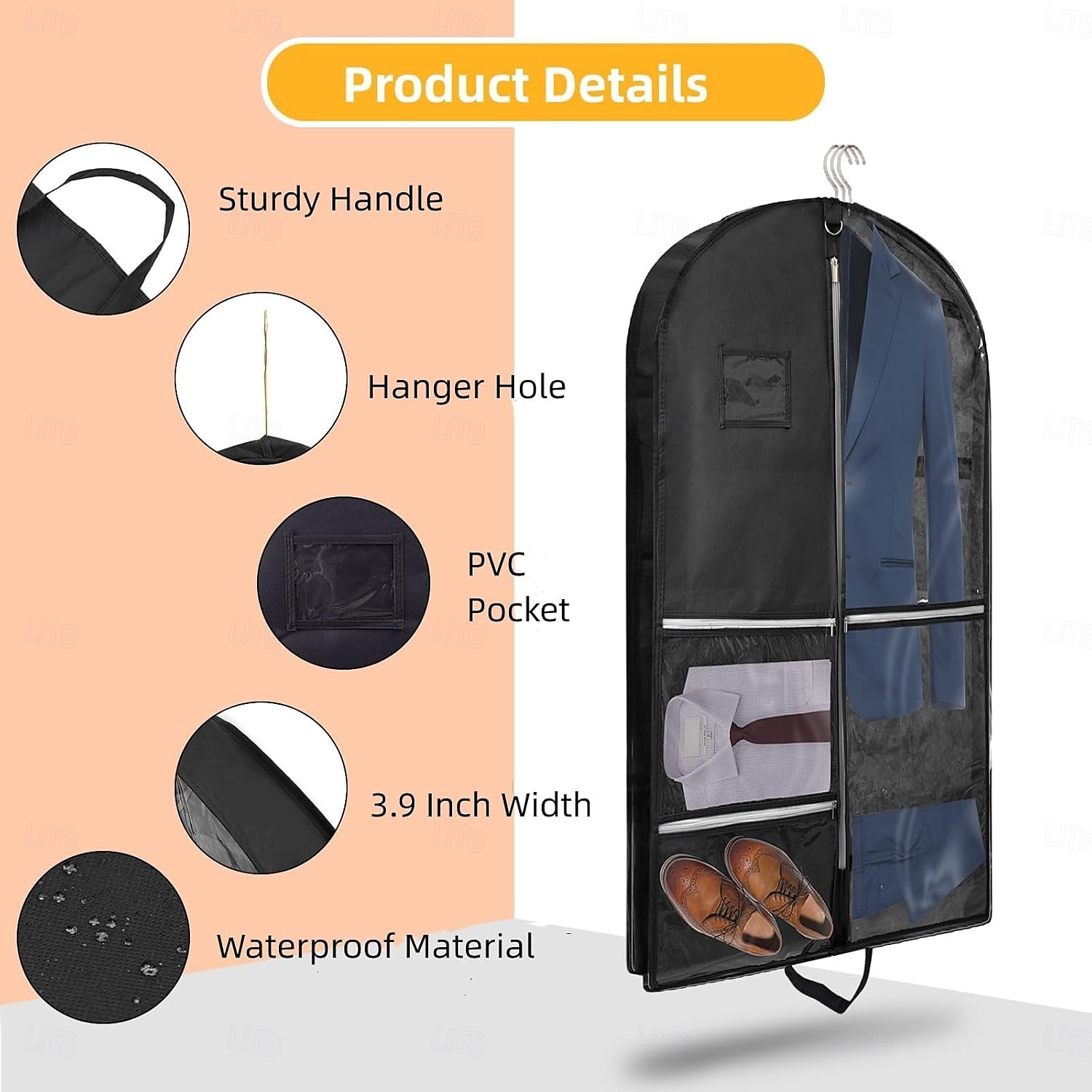 Kledinghoes voor kostuums met 4 zakken en gesp, 110 x 60 cm, opvouwbare reishoes van non-woven materiaal met handvat, stofdichte opbergtas voor herenjas, jack, kinderkleding 2025 - $13.49 –P6