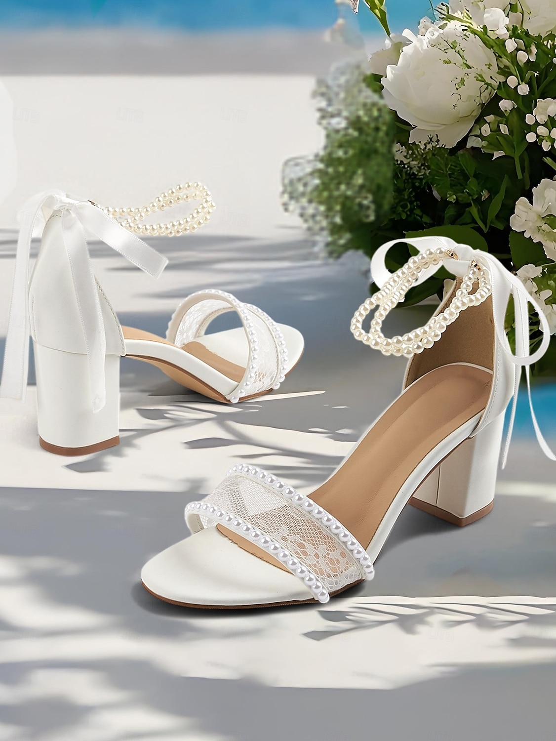 Women's White Bridal Sandals with Lace and Pearl Detailing, Block Heel Design for Beach Weddings and Summer Ceremonies 2025 - $46.99 –P4