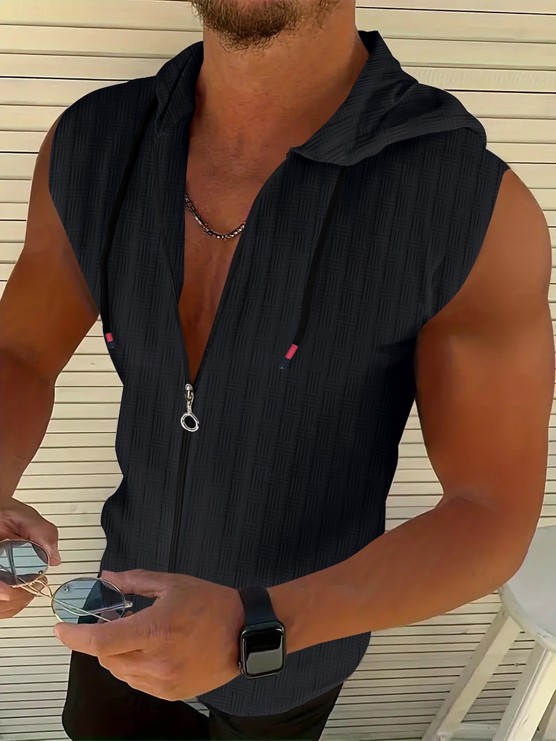 Homens Malha Íntima Moletom com zíper camisa sem manga Sem Manga Com Capuz Verão Listrado Pit Strip Moda Designer Esportivo Zip Completo Ao ar livre Casual Para Noite Rosa Claro Preto Branco Top Tee de 2025 por $16.49 –P2