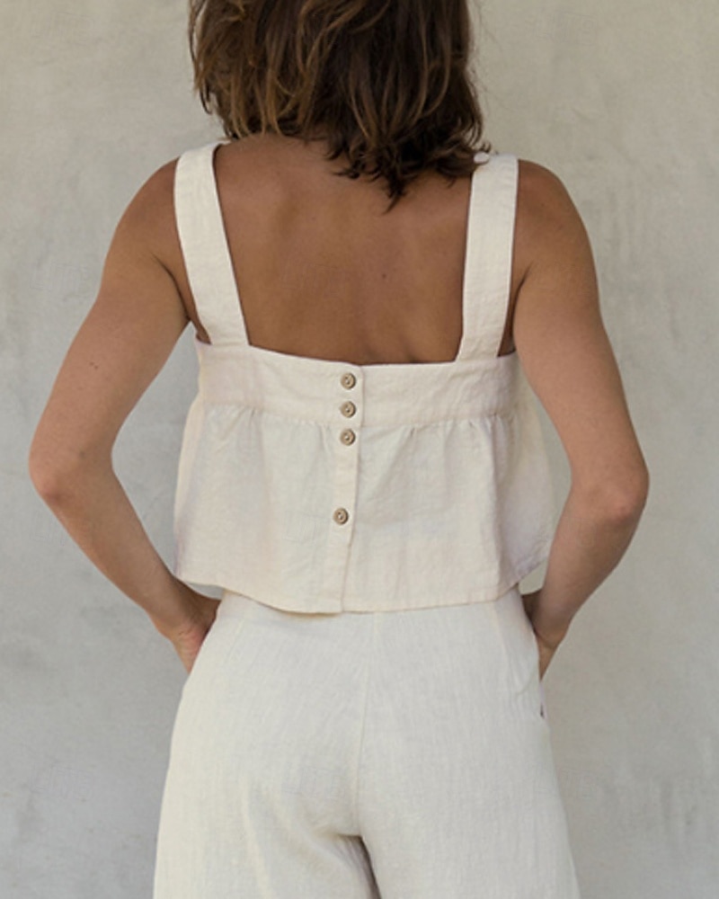 Per donna Camicia di lino Gilet in cotone e lino Blusa Semplice Moderno Casual Senza Maniche Collo quadrato Top corti Quotidiano Ferie Senza schiena Bianco Cachi Estate del 2025 a $36.99 –P8