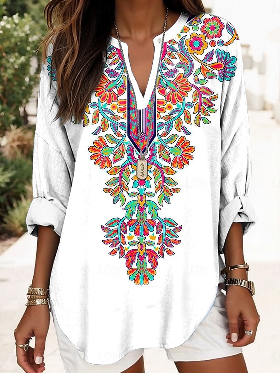 Γυναικείο Τοπ Μπλούζα Λινάρενο Ανάλαφρο Ελαφρύ Τουνίκ V Πλευρό Μακριά Μανίκια Μποχό Καθημερινό Λουλούδι Γραφικό Βιντάζ Τροπικό Κανονικά Τοπ Καθημερινά Ρούχα Διακοπών Τύπωμα Μαύρο Μπλέ Χακί 2026 - $32.99 –P2