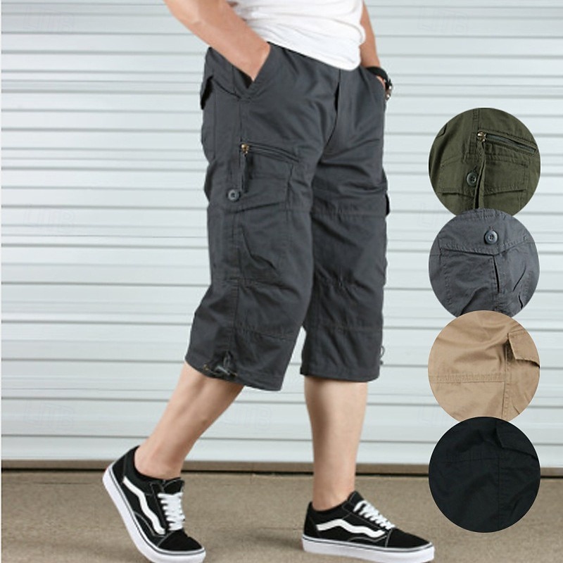 Men's Cargo Shorts Shorts Summer Shorts Drawstring Elastic Waist Multi Pocket Plain Comfort Wearable Calf-Length Outdoor Sport Daily Fashion Casual Black Khaki 2026 - $20.99 –P3