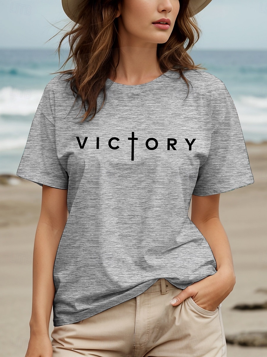 Femmes T-shirt Chemise en coton Graphique Lettre ancien Élégant Classique Manche Courte Col ras du cou Col rond Hauts Réguliers Quotidien Imprimé Noir Blanche Gris Été Printemps de 2025 ? $19.99 –P5