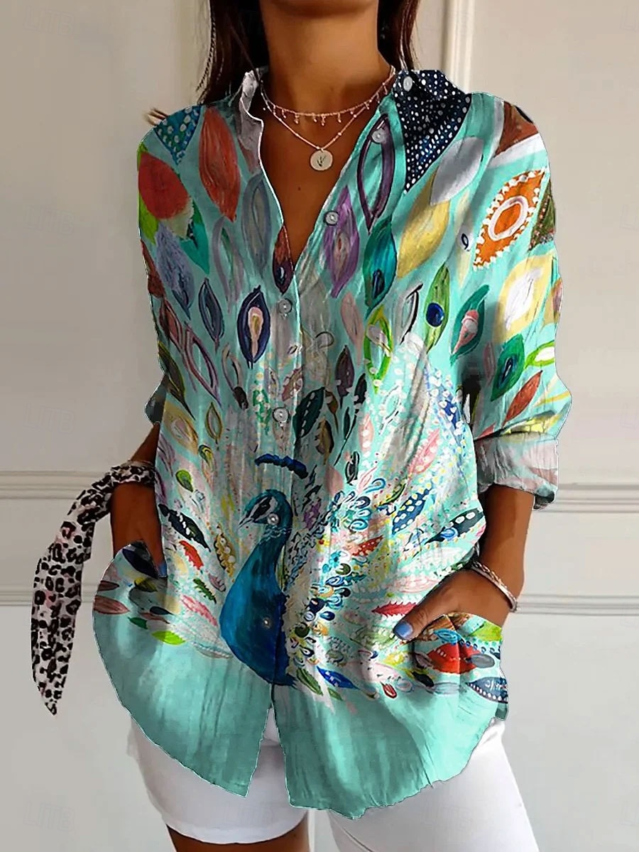 Women's Shirt Floral Graphic Bird Daily Stylish Casual Long Sleeve Shirt Collar Regular Tops Work Daily Buttons Print Red Blue Sky Blue Orange Green Summer Spring 2025 - $32.99 –P4