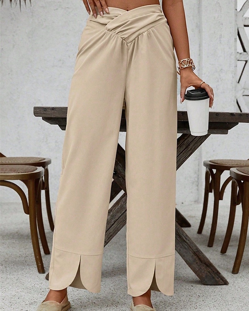 Women's Pants Trousers Palazzo Pants Fashion Streetwear Comfort Full Length Mid Waist Plain Elastic Waist Split Comfy Comfortable Street Daily Wear Going out Khaki Summer Spring Regular Fit 2025 - $19.99 –P1