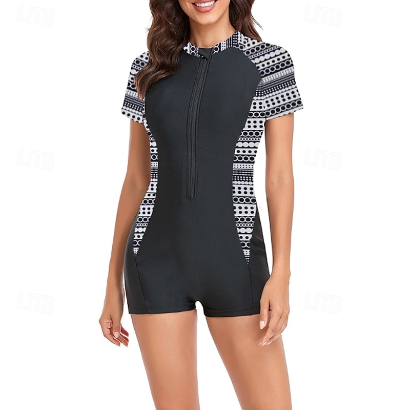 Femmes Maillots de Bain Une Pièce Maillot de bain Zip Up Patchwork Tropical Tenues de plage Fleur Col rond Manches courtes Maillots de bain de 2025 ? $23.99 –P2