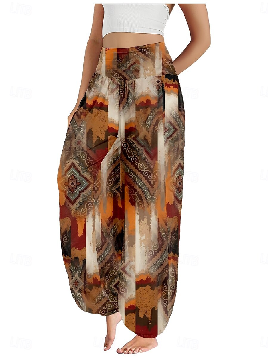 Damen Leinen-inspirierte Hosen Weites Bein Hosen Hose Ethno-Stil Lässig Boho Volle Länge Hohe Taille Blumen Grafik Paisley-Muster Tasche Elastischer Bund Drucken Atmungsaktivität Weich Mikroelastisch 2025 - $21.99 –P19