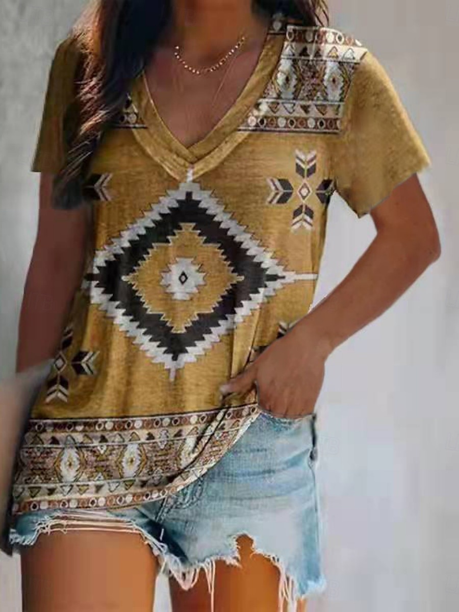 Femmes T-shirt Graphique Géométrique Bohème ancien Western Manche Courte Col en V Hauts Réguliers Quotidien Week-end Blanche Jaune Fuchsia Vert Été de 2025 ? $15.99 –P6