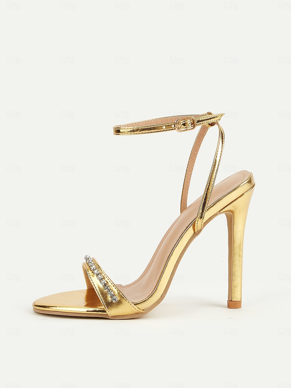 Tacones altos con tiras metálicas doradas para mujer: sandalias deslumbrantes con cristales para bailes de graduación y celebraciones especiales. 2025 - $32.99 -P3