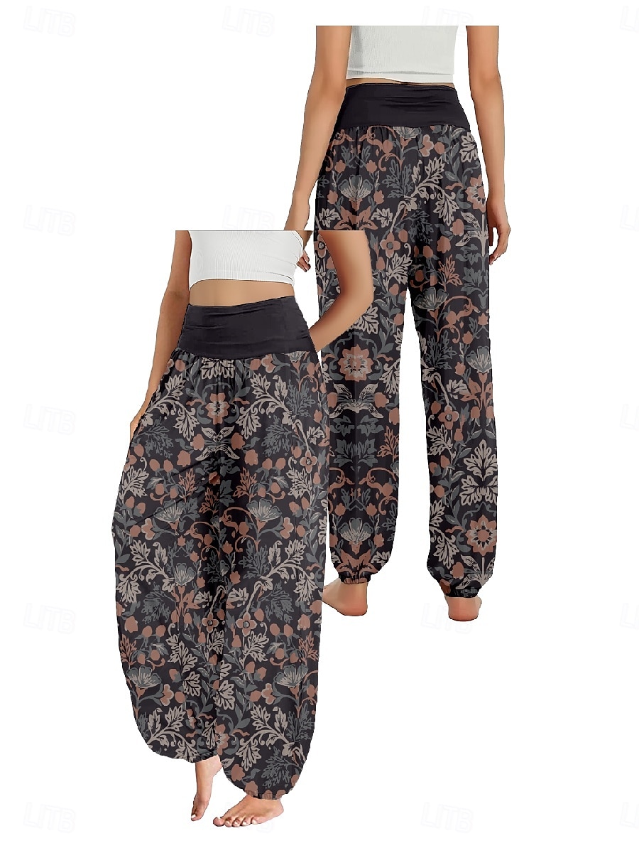 Dam Linneinspirerade byxor Brett skaft Byxor Etnisk Stil Ledigt Boho Fullängd Hög midja Blommig Löv Tropisk Ficka Elastisk midja Tryck Mateial som andas Mjuk Microelastisk Utomhus Yoga Svart Mörklila 2025 - $21.99 –P15