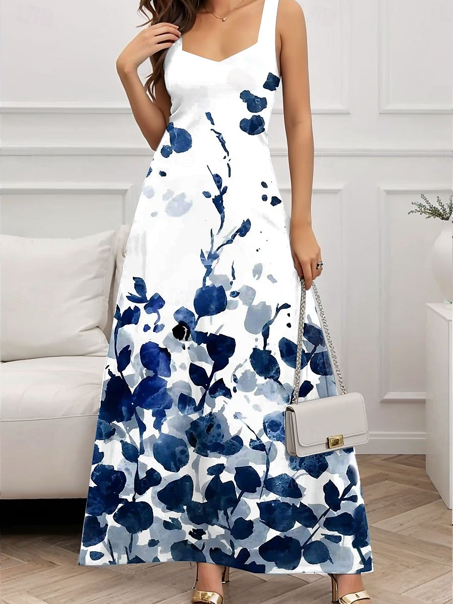 Damen Maxikleid A Linie Kleid Sommerkleid Schulterfreies Kleid Urlaub Lässig Party Date Normale Passform Blumen Grafik Ärmellos Quadrathals Weiß Blau Grün Dunkelblau Sommer Frühling 2025 - $26.99 –P1