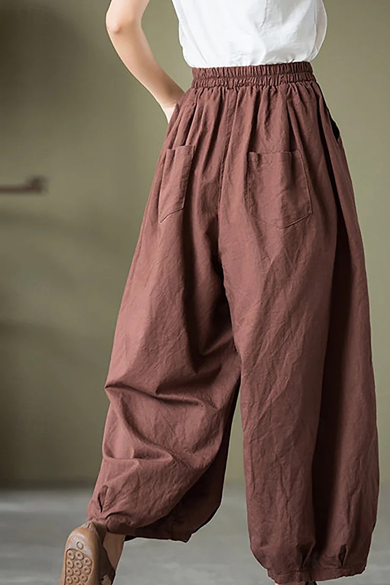Per donna Pantaloni in cotone e lino Culotte Moda Streetwear Lunghezza intera Naturale Semplice Tasca Elastico in vita Comodo All'aperto Confortevole Vacanza Weekend Marrone rossastro Nero Verde del 2025 a $32.99 –P4