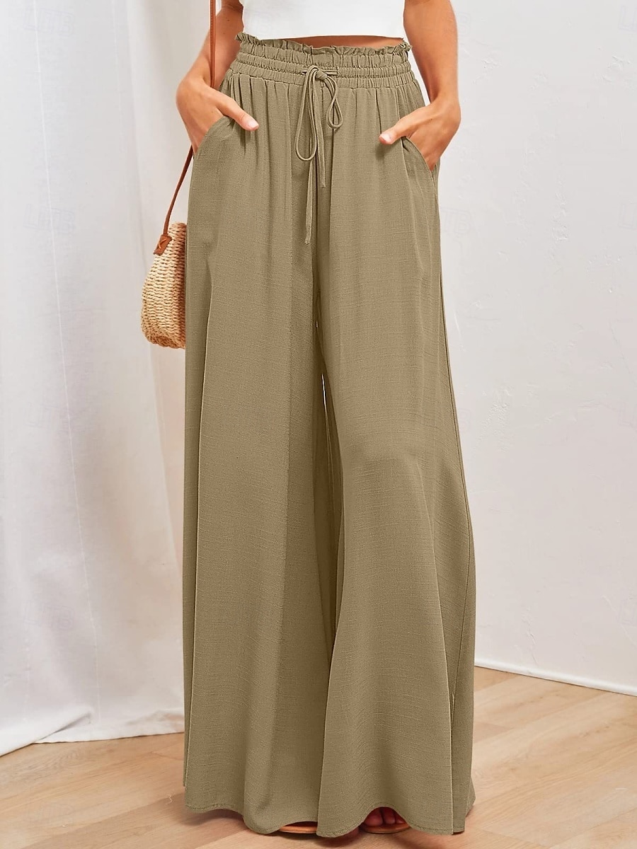 Pantaloni chinos larghi da donna pantaloni baggy basic casual lunghezza intera vita alta tasca semplice elastico comodo morbido confortevole micro-elastico all'aperto street blu arancione verde khaki del 2025 a $26.99 –P18
