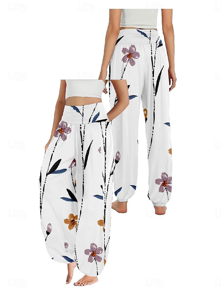 Dame Lin-inspirerte bukser Bred Bukseben Bukser Etnisk stil Fritid Bohem Full lengde Høy Midje Blomstret Blad Tropisk Lomme Elastisk midje Printer Pusteevne Myk Mikroelastisk utendørs Yoga- og 2025 - $20.99 –P20