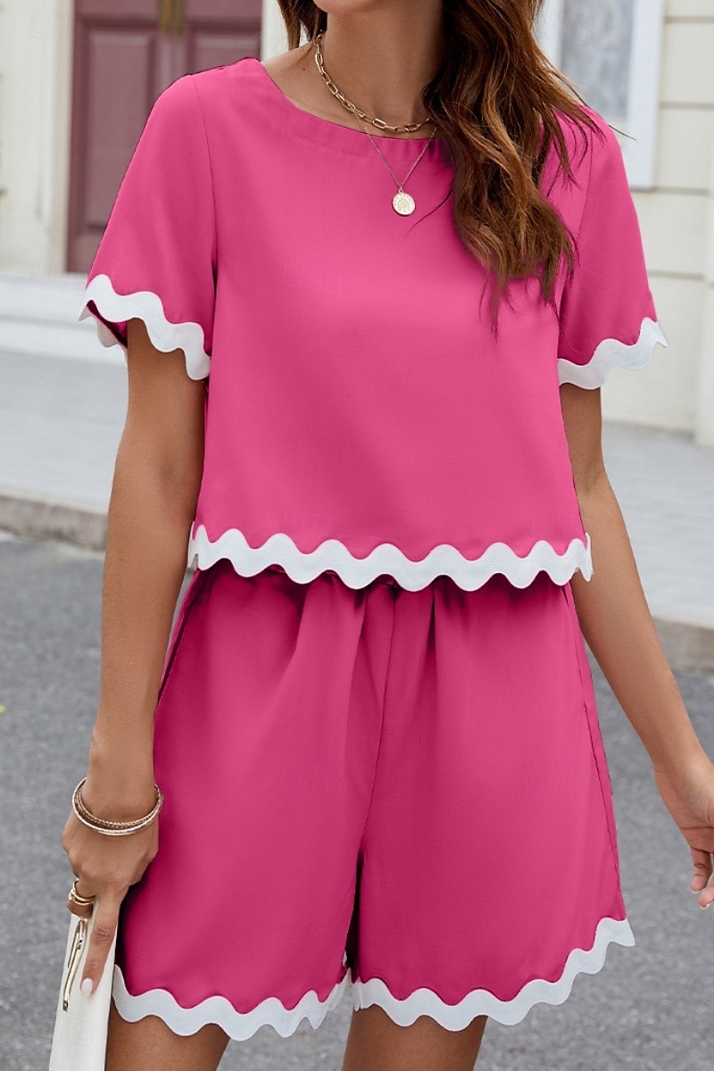 Ensembles de shorts de mode streetwear pour femmes en 2 pièces à manches courtes à col rond en couleur unie imprimé décontracté quotidien noir rose bleu été coupe régulière de 2025 ? $31.99 –P3