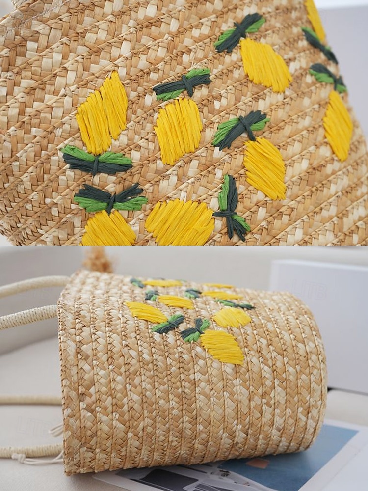 Sac fourre-tout en paille brodé marguerite pour femme - sac fourre-tout de plage d'été avec motif floral, cocotier, citron, style bohème décontracté, adapté aux vacances et à un usage quotidien de 2025 ? $24.99 –P7