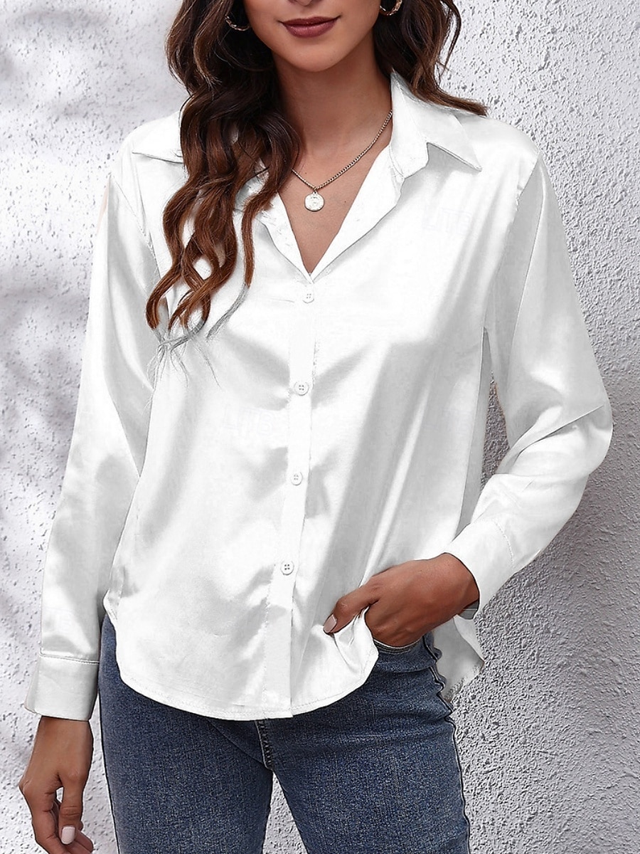 Dames Overhemd Effen Kleur Bloemig Effen Stijlvol Modern Casual Lange mouw Overhemdkraag Normale tops Dagelijks Knop Zwart Wit Blozend Roze Wijn Marine Blauw Zomer Lente 2025 - $14.99 –P6