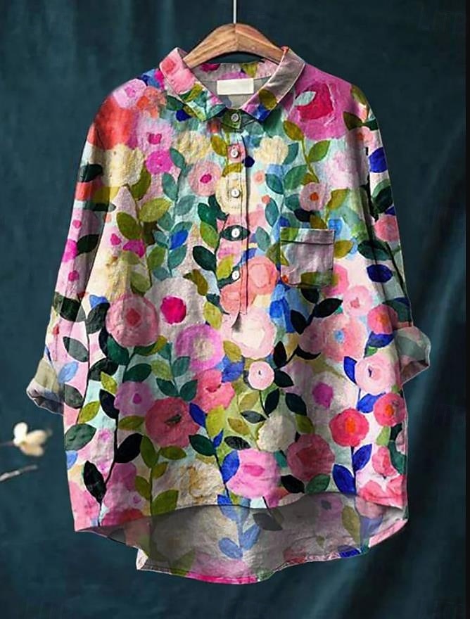 Dame Skjorte Blomstret Elegant Bohem Stilfull Langermet Crew-hals Vanlige topper Daglig Ferie Strand Klær Knapper Trykt mønster Blå Fuksia Grønn Beige Lyseblå Sommer Vår 2025 - $25.99 –P1