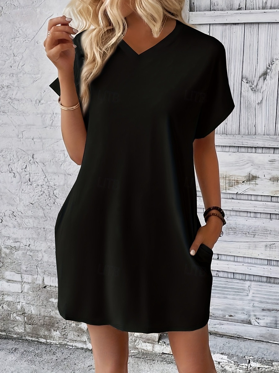 Damen Mini Kleid T-Shirt Kleid Tee Kleid einfarbig Sommer Kleid lässig täglich reguläre Passform Grafik Kurzarm V-Ausschnitt Schwarz Rot Olivgrün Aprikose Sommer 2025 - $19.99 –P8