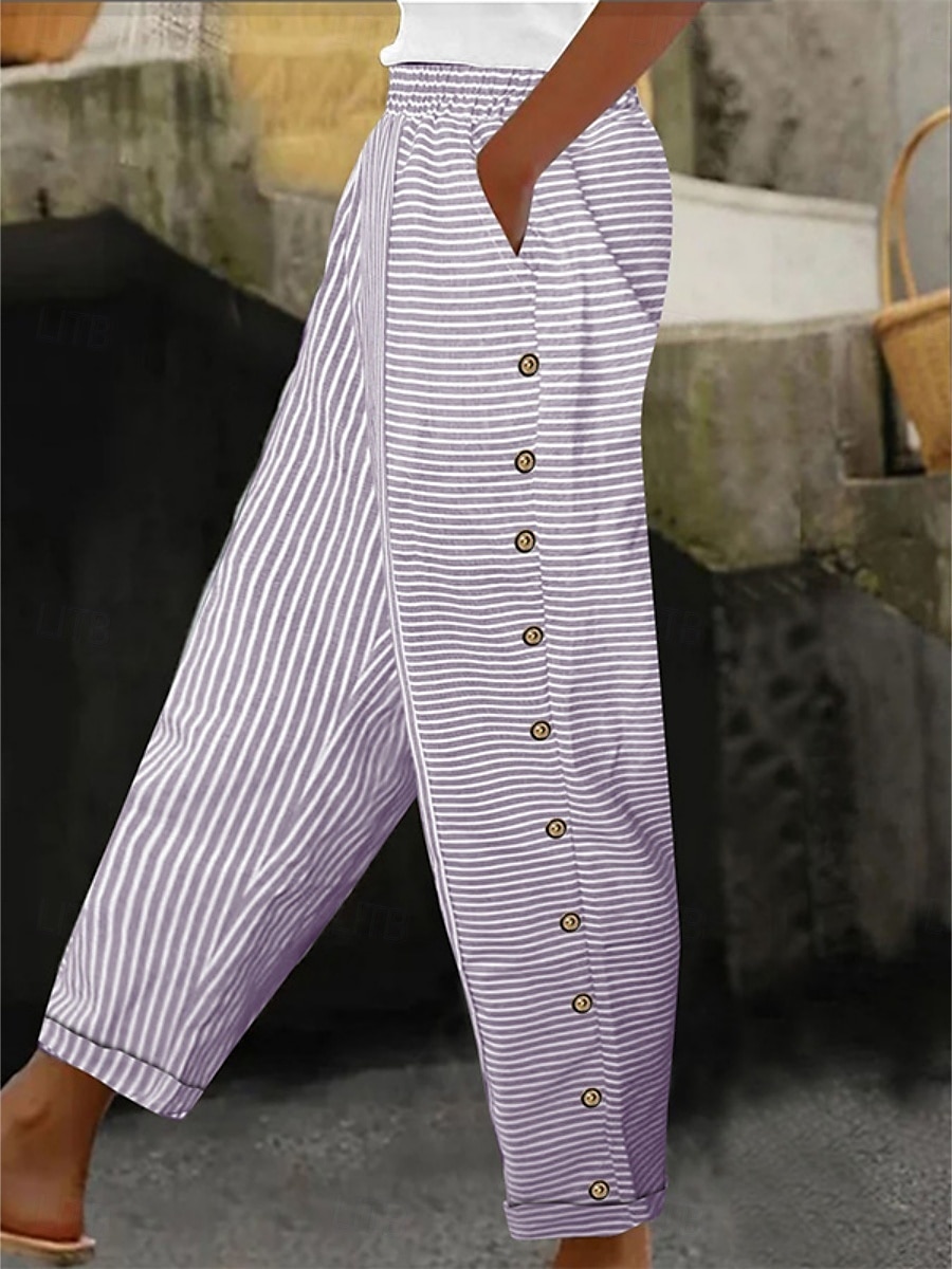 Per donna Pantaloni in cotone e lino Essenziale Casual Lunghezza intera Vita Alta A righe Tasca Elastico in vita Stampato Comodo All'aperto Confortevole Streetwear Abbigliamento quotidiano Uscire del 2025 a $22.99 –P5