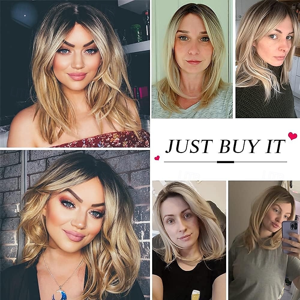 blonde pruiken voor vrouwen schouderlang gelaagd haar met donkere wortels synthetische korte pruik met pony voor dagelijks gebruik of cosplay 2025 - $25.99 –P7