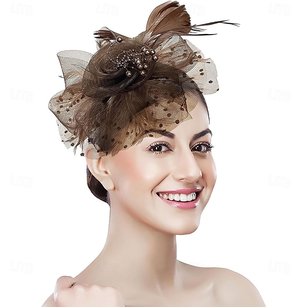 غطاء للرأس ريشة صاف قبعة فيدورا زفاف حفلة ليلية حفلة شاي سباق خيول كوكتيل عتيق لطيف مع ريش خوذة أغطية الرأس 2025 - $48.99 –P28