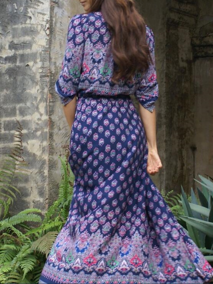 Women's Maxi Dress A Line Dress Casual Party Beach Regular Fit Graphic 3/4 Length Sleeve V Neck Pink Blue Green Summer Spring 2025 - $24.99 –P6