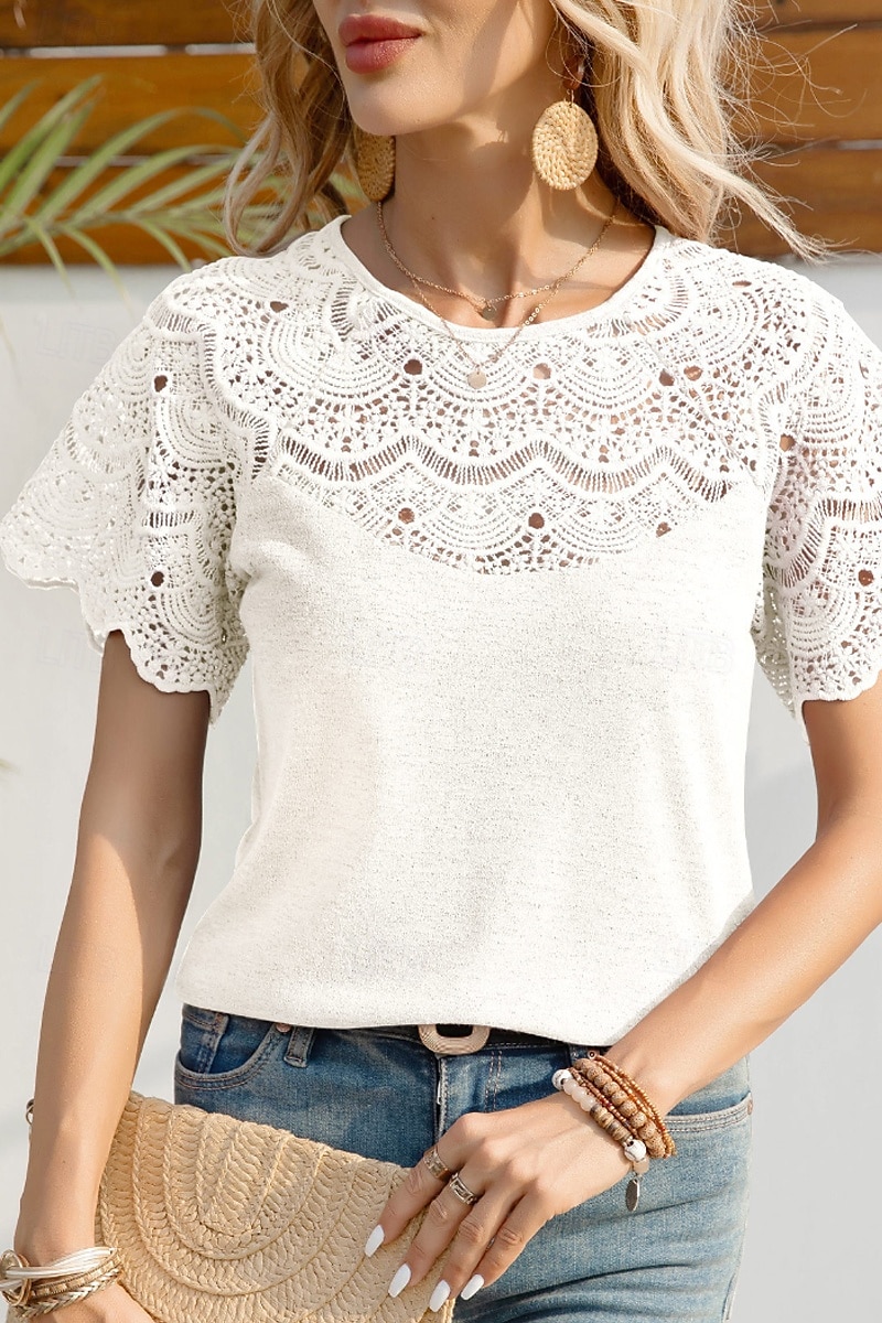 Femmes Chemisier Hauts en dentelle Uni Occasionnel Manche Courte Col ras du cou Hauts Réguliers Quotidien Fête Sortir Dentelle Noir Blanche Violet Été de 2025 ? $21.99 –P2