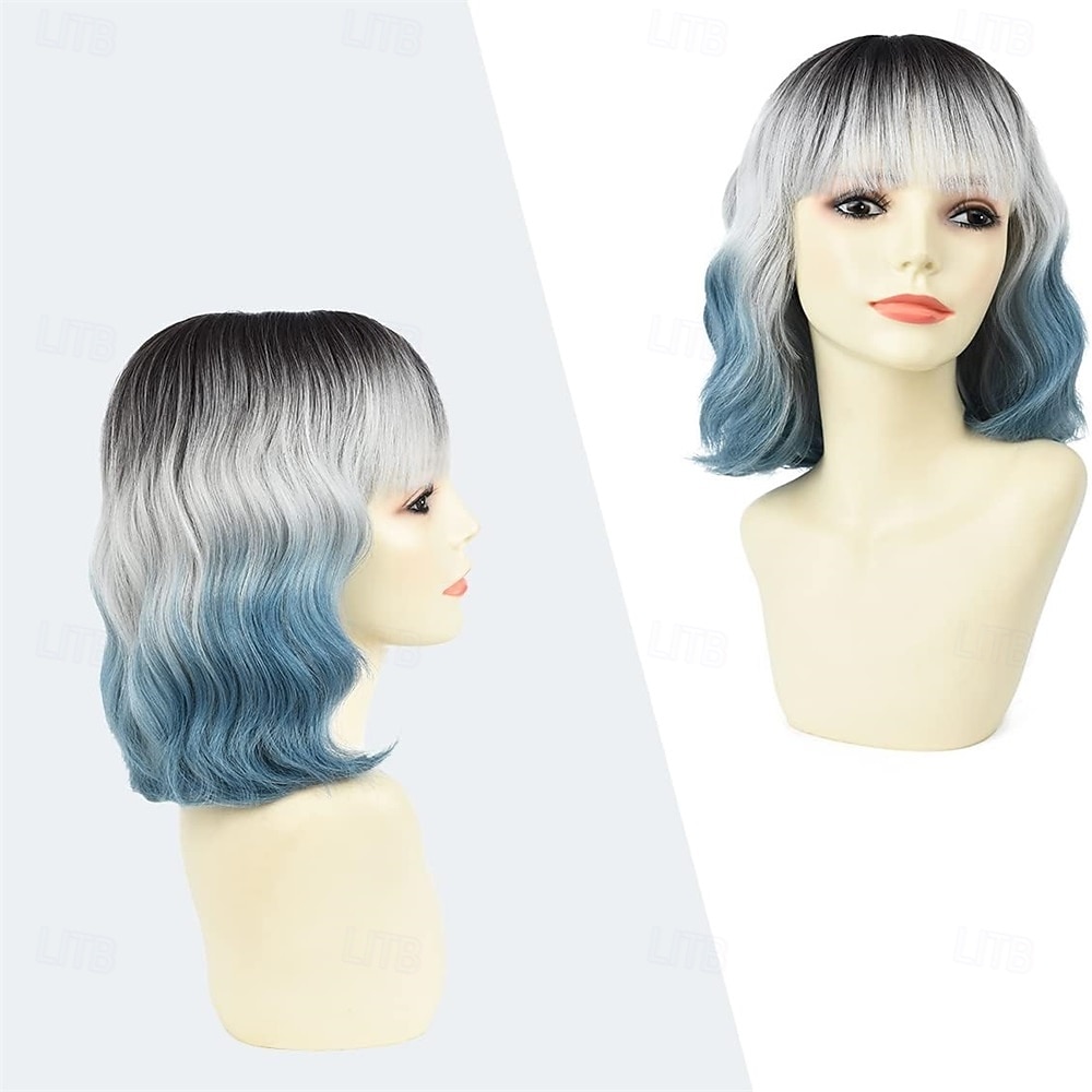 Parrucca ondulata con frangia, parrucca blu argento naturale sfumata, capelli sintetici, lunghezza spalle, parrucche corte e ricce sfumate per donna del 2025 a $25.99 –P2
