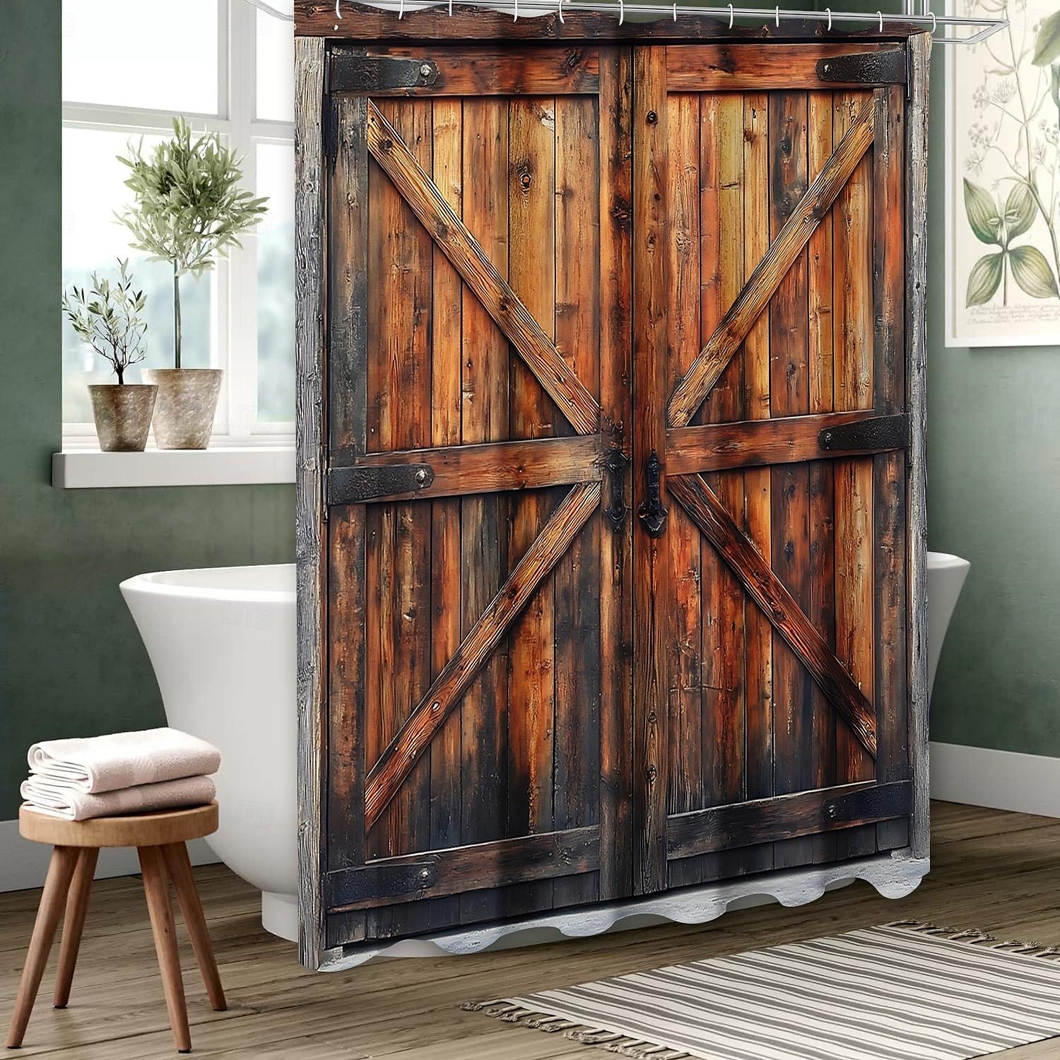 Zuhanyfüggöny 12 kampóval 180cm*180cm (70"*70") poliészter gépben mosható vízálló vintage hamis ajtó pajta minta 2025 - $19.99 –P8