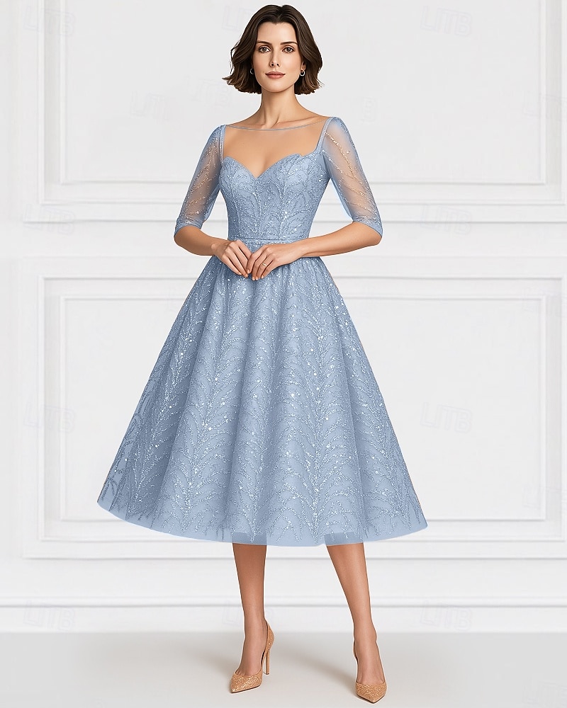 Robe mère de la mariée en A bleue élégante vintage illusion col longueur cheville en chiffon à demi-manches avec broderie de sequins de 2025 ? $148.99 –P1