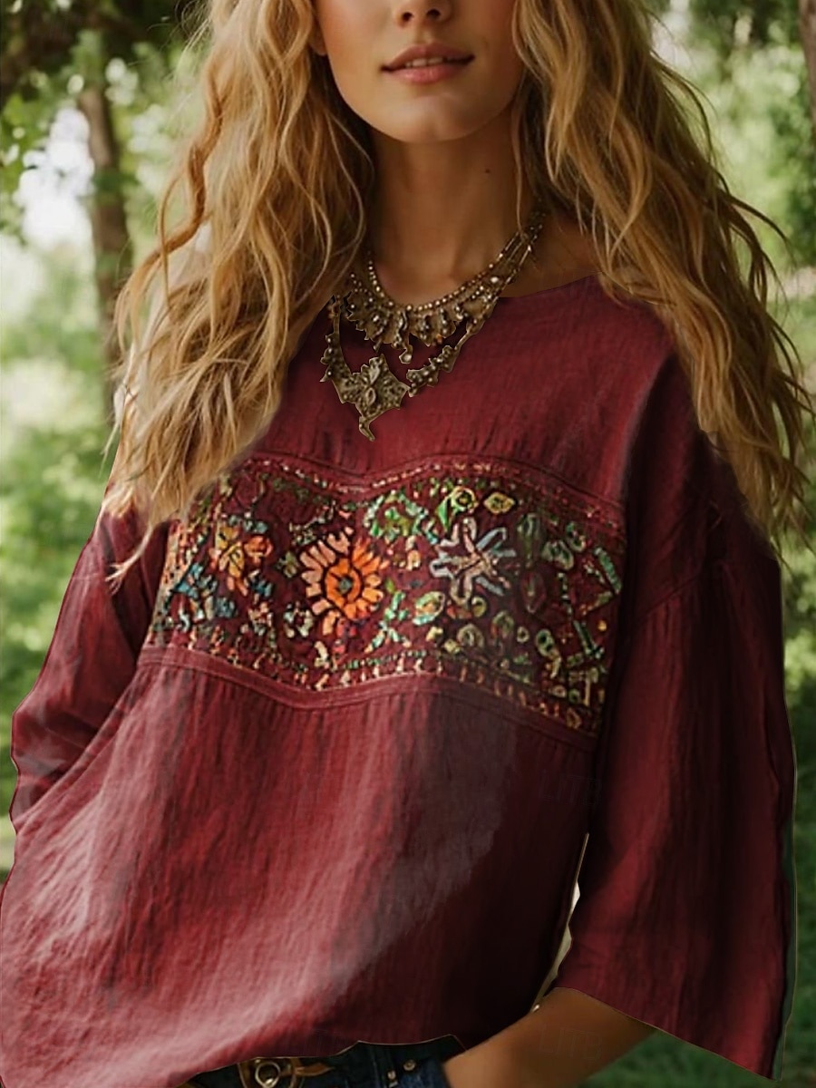 Damen Bluse Blumen Grafik Bohemien Täglich Ethnisch Dreiviertelarm Rundhalsausschnitt U-Boot-Ausschnitt Normale Oberteile Täglich Ferien Urlaubskleidung Druck Schwarz Rote Orange Beige Sommer Frühling 2025 - $27.99 –P3