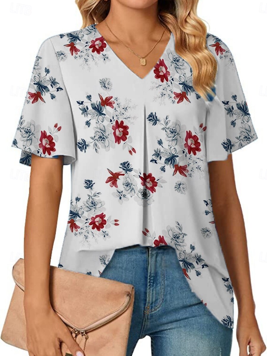 Blouses d'été pour femmes tops floraux stylés décontractés manches courtes col en V tops réguliers quotidien imprimé blanc bleu gris bleu clair été printemps de 2025 ? $15.99 –P1
