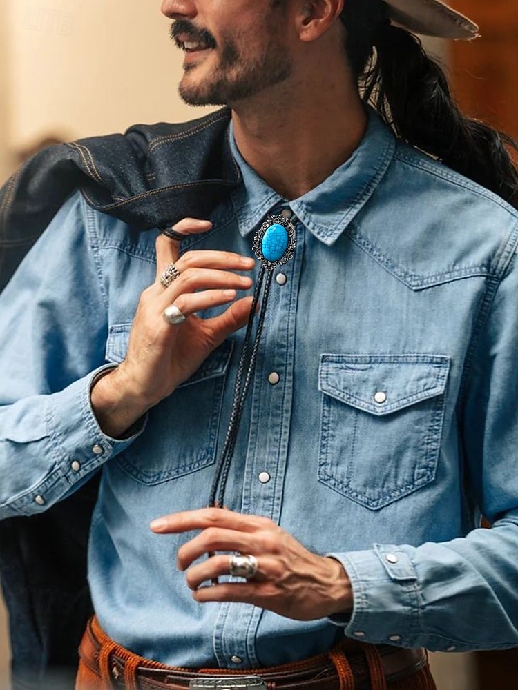 męski krawat kowbojski typu bolo w stylu western z turkusową wkładką, wzór vintage - regulowany skórzany sznurek, modny dodatek kowbojski na okazje codzienne i formalne 2025 - $11.99 –P1