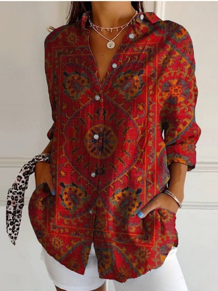 Femmes Chemise Avec Poches Boutons Imprimé Fleuri Graphique Ethnique Rétro Vintage manche longue Col de chemise Hauts Réguliers Quotidien Fête Bleu Noir Vin Kaki Gris Été de 2026 ? $33.99 –P3
