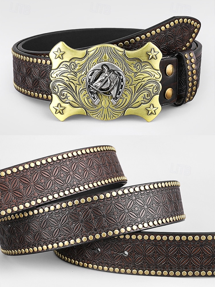 Men's Western Style Leather Belt with Eagle Buckle – Vintage Embossed Design with Rivets, Ideal for Casual and Country Wear 2025 - $18.99 –P7