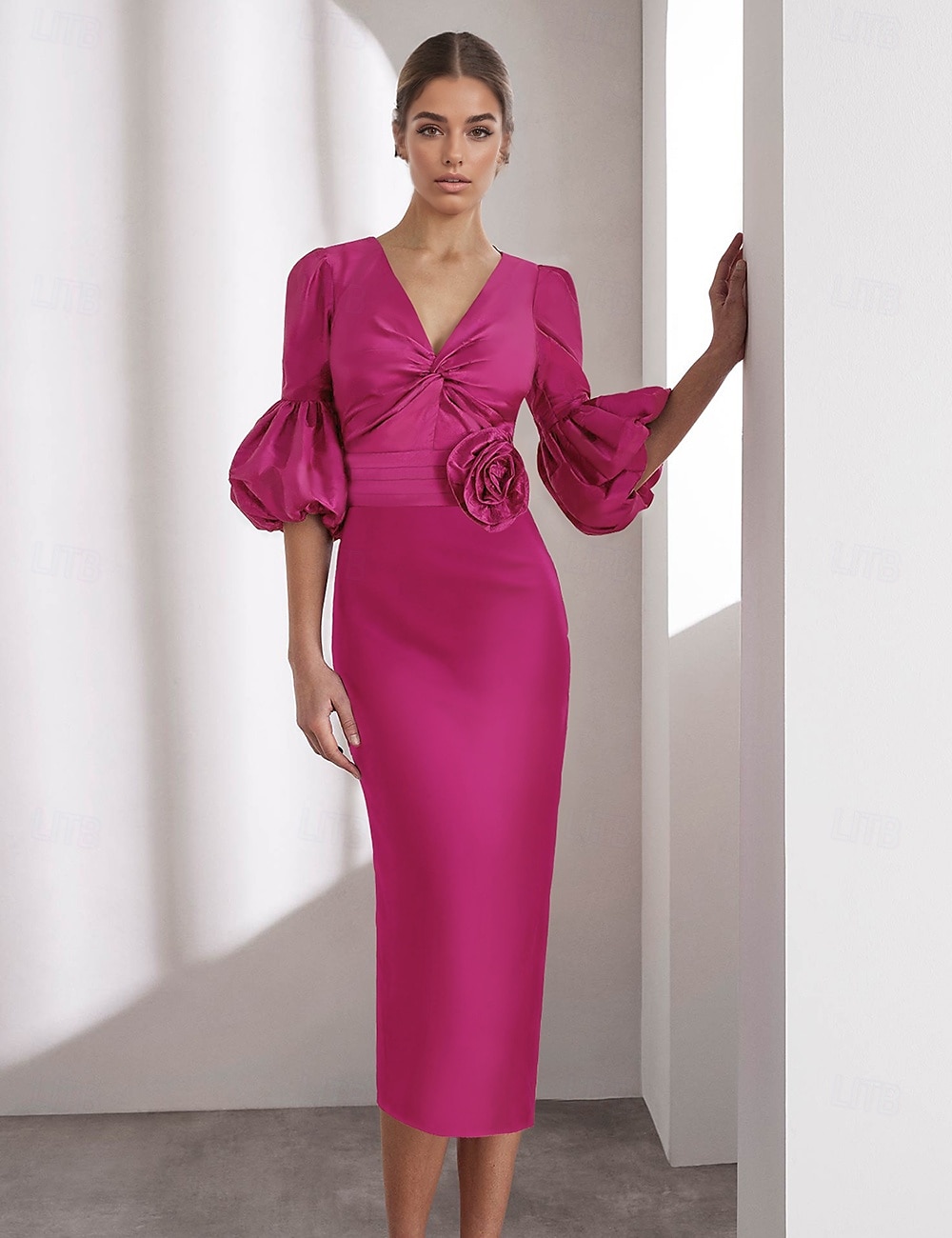 Rochii cocktail din satin roz elegante formale lungime până la gleznă mânecă jumătate decolteu în V cu buzunar satin din Italia cu paiete volanate 2025 - $136.99 –P1