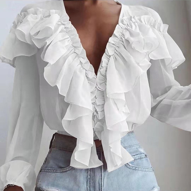 Camicia da Donna Blusa Bottone Colore Solido Fiorita Piana Stile Casual a Maniche Lunghe V Collo Top Regolari Quotidiani Rouches Nero Bianco Rosa Blu Estate Primavera del 2025 a $19.99 –P4