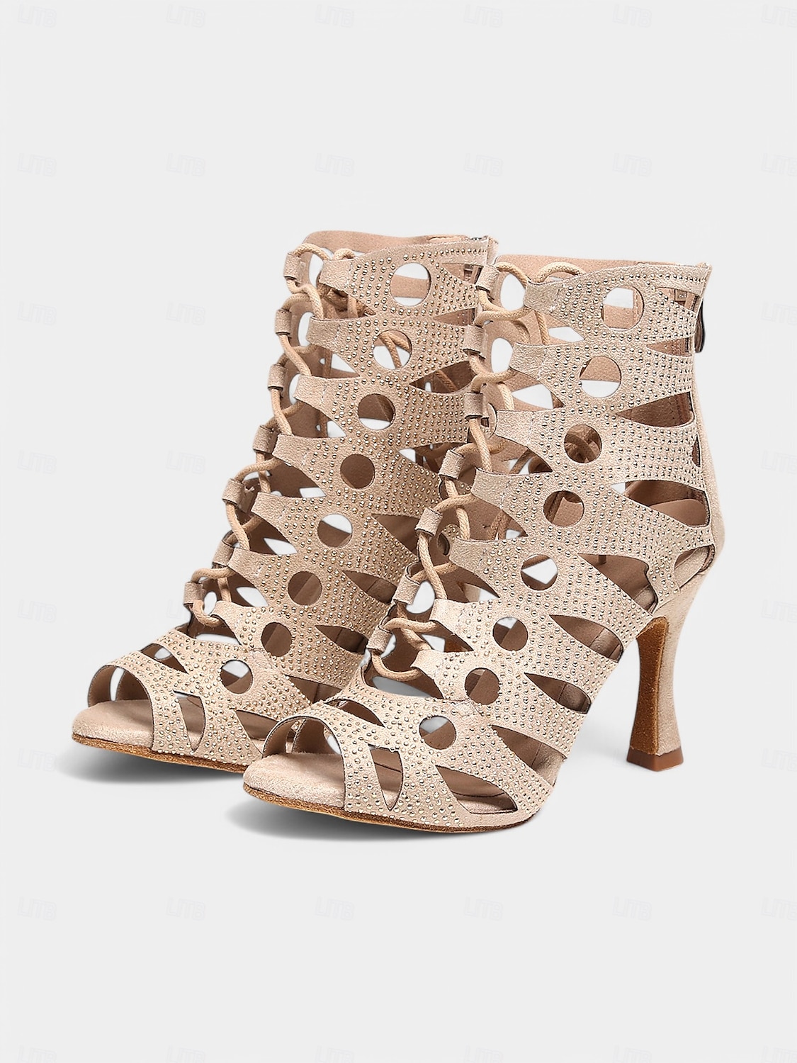 beige rhinestone latinske dansehæler med snøring for kvinner – pustende mesh peep toe performance sko for ballsaltrening 2025 - $64.99 –P1