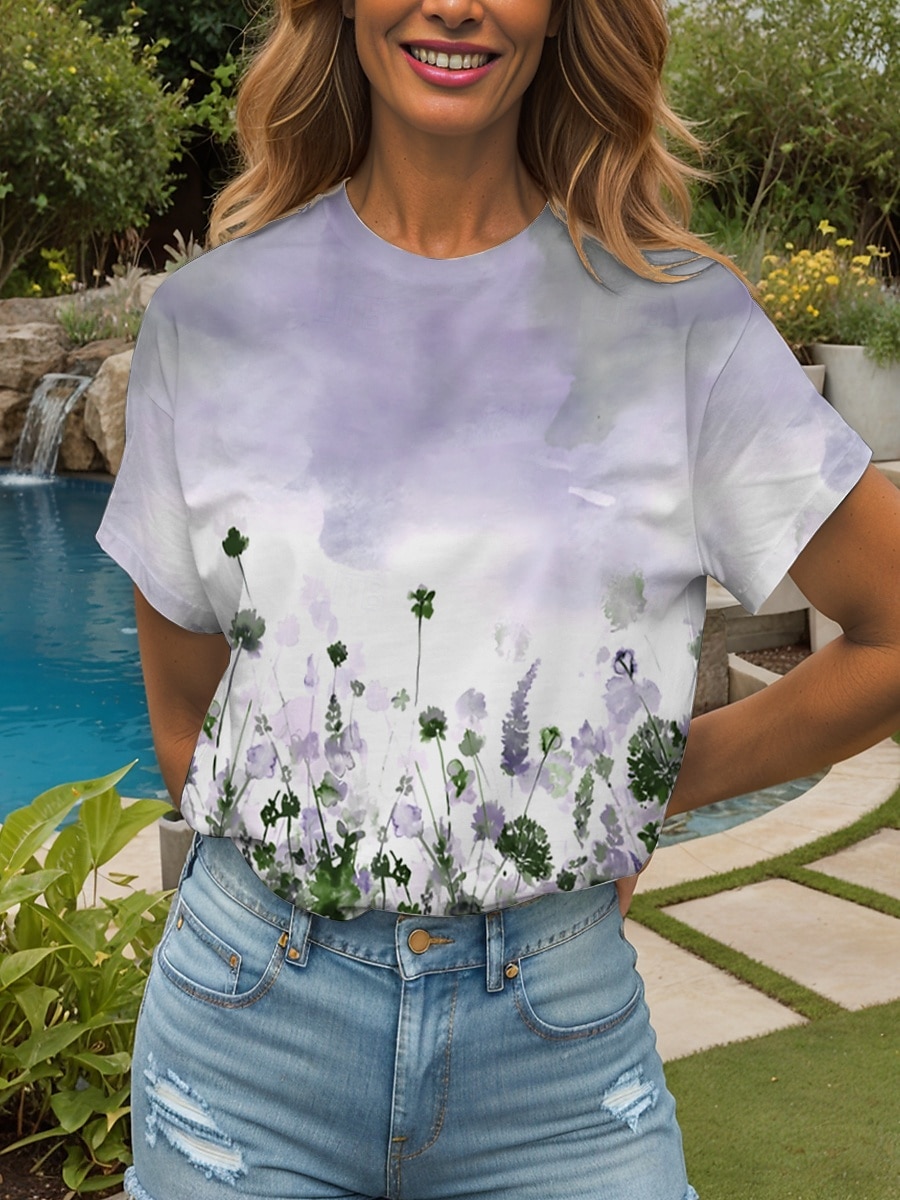Femmes T-shirt A Ombre Fleuri Graphique ancien Élégant Classique Manche Courte Col ras du cou Col rond Hauts Réguliers Quotidien Imprimé Rose Claire Violet Vert Été Printemps de 2025 ? $19.99 –P5