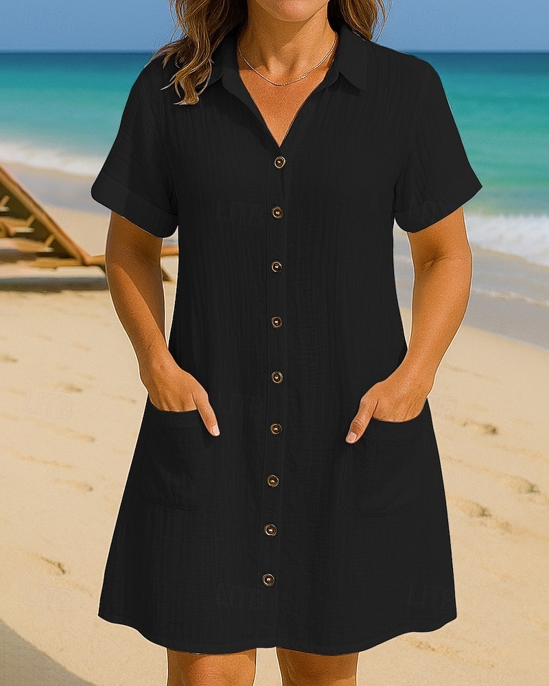 Women's Mini Dress Shirt Dress Winter Dress Casual Vacation Regular Fit Plain Short Sleeve V Neck Blue Black White Yellow Summer 2026 - $27.99 –P17
