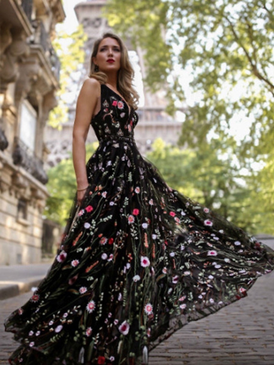 A-line quinceanera šaty elegantní šaty svatební šaty pro svatební hosty dlouhé šaty bez rukávů výstřih do V polyester bez zad s květinovým potiskem kde jsou sklady 2025 - $79.99 –P4