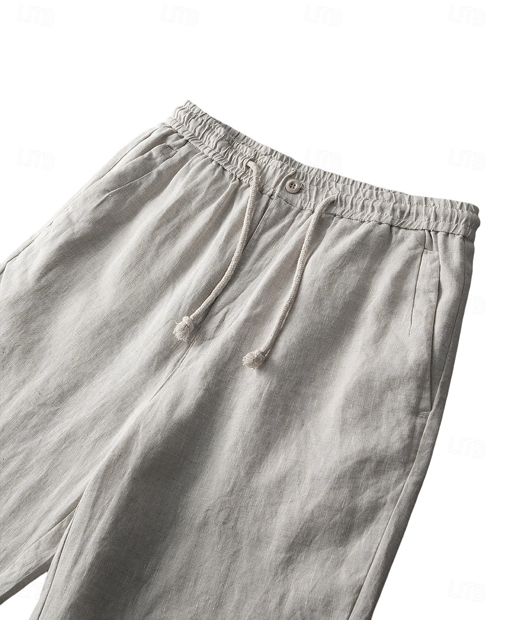 herrshorts i 100 % linne enfärgad knälång utomhus casual daglig semester etnisk stil denim blå ljus khaki oelastisk 2025 - $41.99 –P22