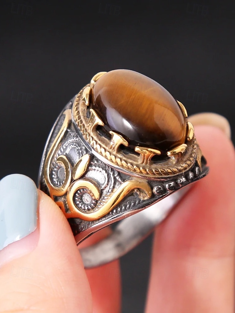 menns vintage tigerøye stein ring i rustfritt stål, antikk sølv tribal design, dristig statement ring, egnet for uformelle og formelle anledninger 2025 - $14.99 –P7