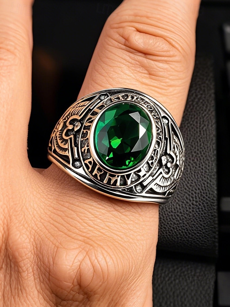Men's Vintage Army Ring with Emerald Green Gemstone – Antique Silver Military Style Statement Ring for Veterans and Collectors 2025 - $11.99 –P3